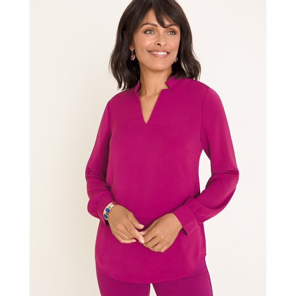 Chico's 1 or 8/10 Notched-Detail V-Neck Pullover Shirt Blouse Pink Long Sleeves